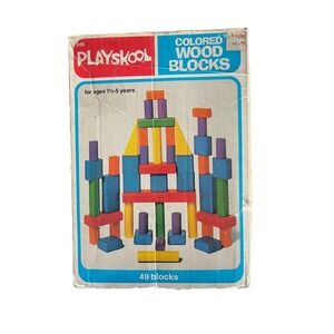 Vtg 1982 Playskool 49 Colored Wood Blocks Building Toy with Box F29 Extra Blks